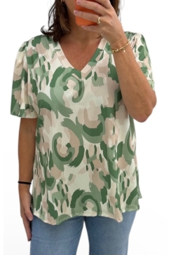 Travelstof shirt met v-hals Chiara brush groen