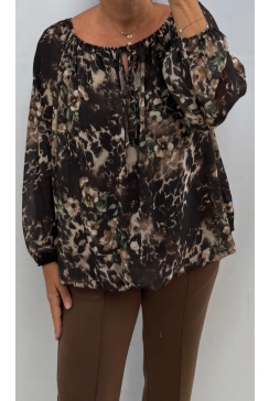 Ballon blouse met strik in de hals Nature bruin