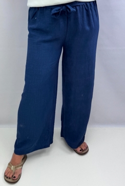 Denim look broek met elastische taille en koord navy blauw. TKD