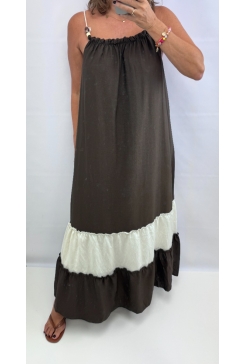 Lange mouwloze jurk met koord en stroken Lana bruin SALE