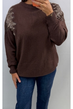Trui met kralen en pailletten bruin (M0-4216L-BZ)