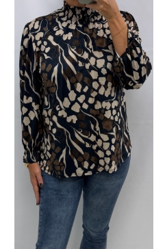 Blouse met smock hals en dierenprint donker blauw