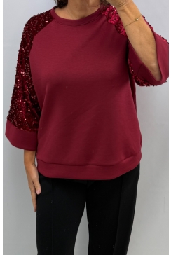 sweater met zachte mouw en pailletten Carly bordeaux