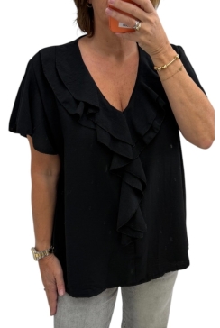 Blouse met ruffles aan de hals KORTE mouw Libby zwart