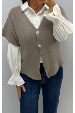 Fijngebreid vest met knopen en korte mouw Romijn taupe