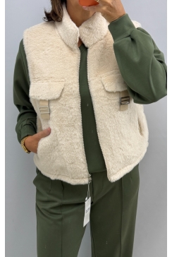 Mouwloos zacht gilet met rits en fake zakken Tonda beige