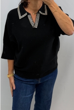 Trui met kraag en steentjes zwart (MC-4477L-BX)