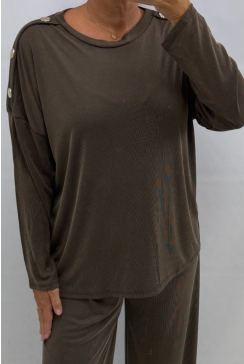 Blouse met lange mouw en knopen op de schouder Dolly bruin tkd