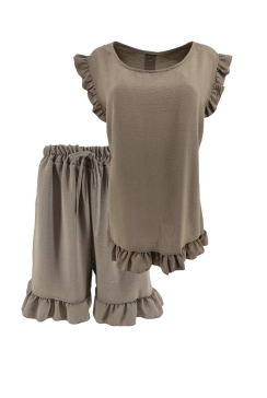 2-delig set met ruffle blouse en short Jamy dark taupe SALE