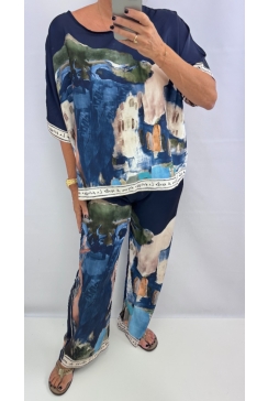 2-delig satijn-look set met blouse en broek Toscane donker blauw. CSALE