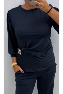 Travelstof shirt met knoop aan de onderzijde Sterretje donker blauw. ttsb