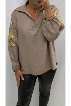 Blouse met kraag en GOUD detail Marlo taupe