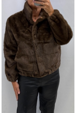 Fakefur jas met lange mouw en kraag Elsa imitatiebont DONKER bruin (MC6622)