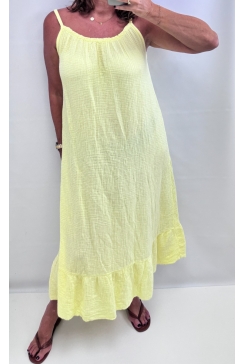 Lange mouwloze jurk van wafel katoen Lina UNI geel. SALE