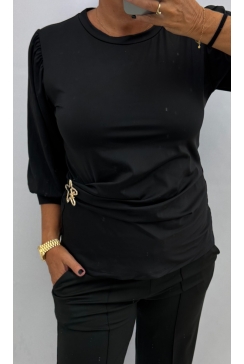 Travelstof shirt met knoop aan de onderzijde Sterretje zwart. ttsb