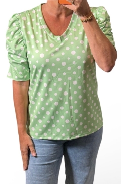 Blouse met v-hals en pofmouw stippen groen