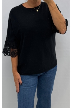 Trui met ronde hals en kanten mouw Lotte zwart