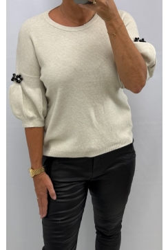 Trui met korte mouw en strass op de mouw beige (YM840A)