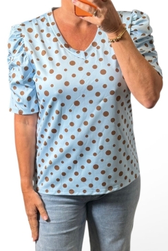Blouse met v-hals en pofmouw stippen blauw