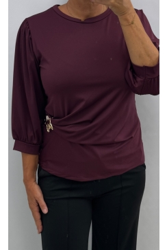 Travelstof shirt met knoop aan de onderzijde Sterretje burgundy. ttsb