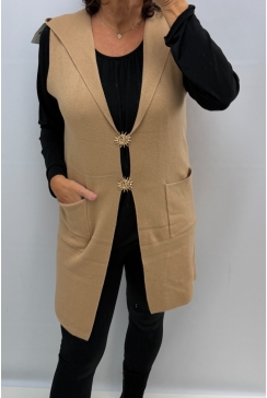 Lang mouwloos vest met capuchon Moon camel SALE. PTL