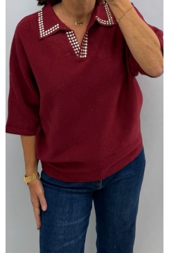 Trui met kraag en steentjes bordeaux (MC-4477L-BX)