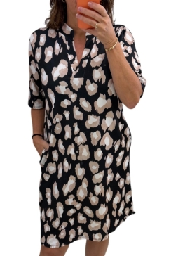 Jurk/tuniek met opstaande boord en korte mouw Melany leopard zwart DTS