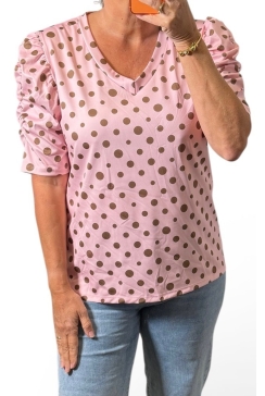 Blouse met v-hals en pofmouw stippen roze