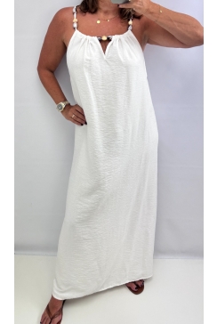 Lange mouwloze jurk met kralen aan de hals ZONDER ZAKJES off-white