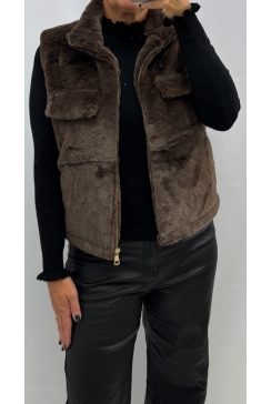 Mouwloos imitatie bont jasje met rits bruin (M6508)