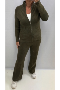 Fijngebreide rib set met rits in de trui en broek army (HC-547)