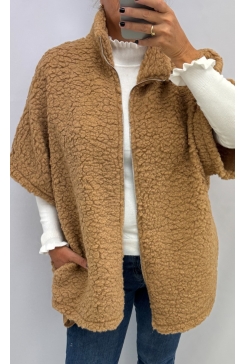 Oversized vest van teddy stof Sally camel
