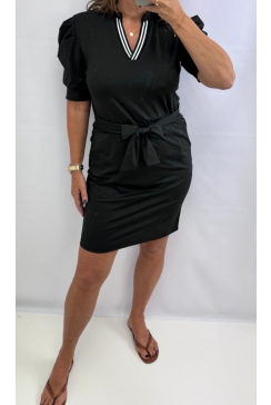 Travelstof strik koord jurk met BIES en v-hals Ellie zwart