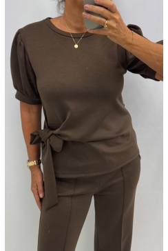 Sweatshirt met knoop aan de onderzijde Marleen donker bruin (SWD)