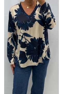 Shirt met lange mouw en v-hals Joyce Faded flower donker blauw