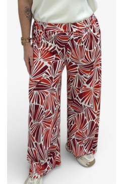 Broek met rechte broekspijp in travelstof palmwaaier rood CASD
