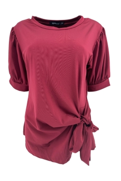 Travelstof shirt met knoop aan de onderzijde Magda bordeaux. ttsb