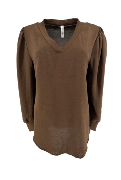 Blouse met v-hals en lange mouw met plooien bruin