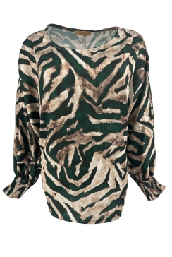 Blouse met v-hals en smock mouw zijdeglans zebra flessengroen.   SALE