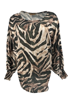Blouse met v-hals en smock mouw zijdeglans zebra army. SALE