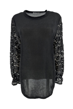 Blouse met GLITTER en ronde hals met kanten mouw Blaire zwart