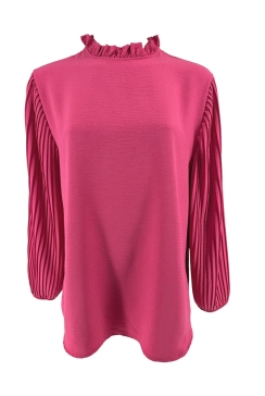 Blouse met plisse mouw en ruffle aan de hals Karlien fuchsia. SALE