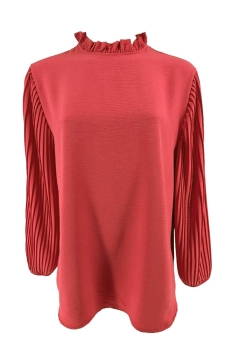 Blouse met plisse mouw en ruffle aan de hals Karlien koraal