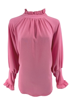 Blouse met ruffle en knoopje in de hals Nicole licht roze (SALE) (tkd)