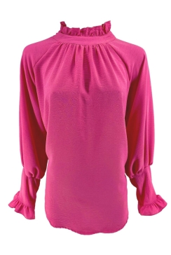 Blouse met ruffle en knoopje in de hals Nicole fuchsia (SALE) (tkd)
