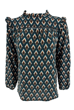 Blouse met ruffle en opengewerkt detail aan de voorzijde ruit petrol. tkd