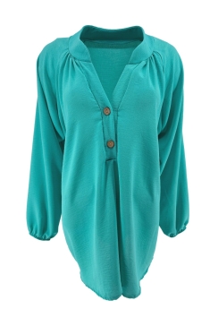 KORTERE blouse met opstaande kraag en 2 knoopjes Siske turquoise. SALE