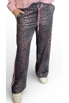 Travelstof panterprint broek met koord roze
