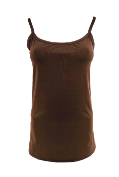 Top van travelstof met spaghetti bandjes bruin. ttsb