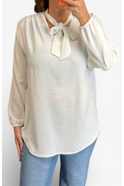Blouse met strik in de hals Doris uni off-white